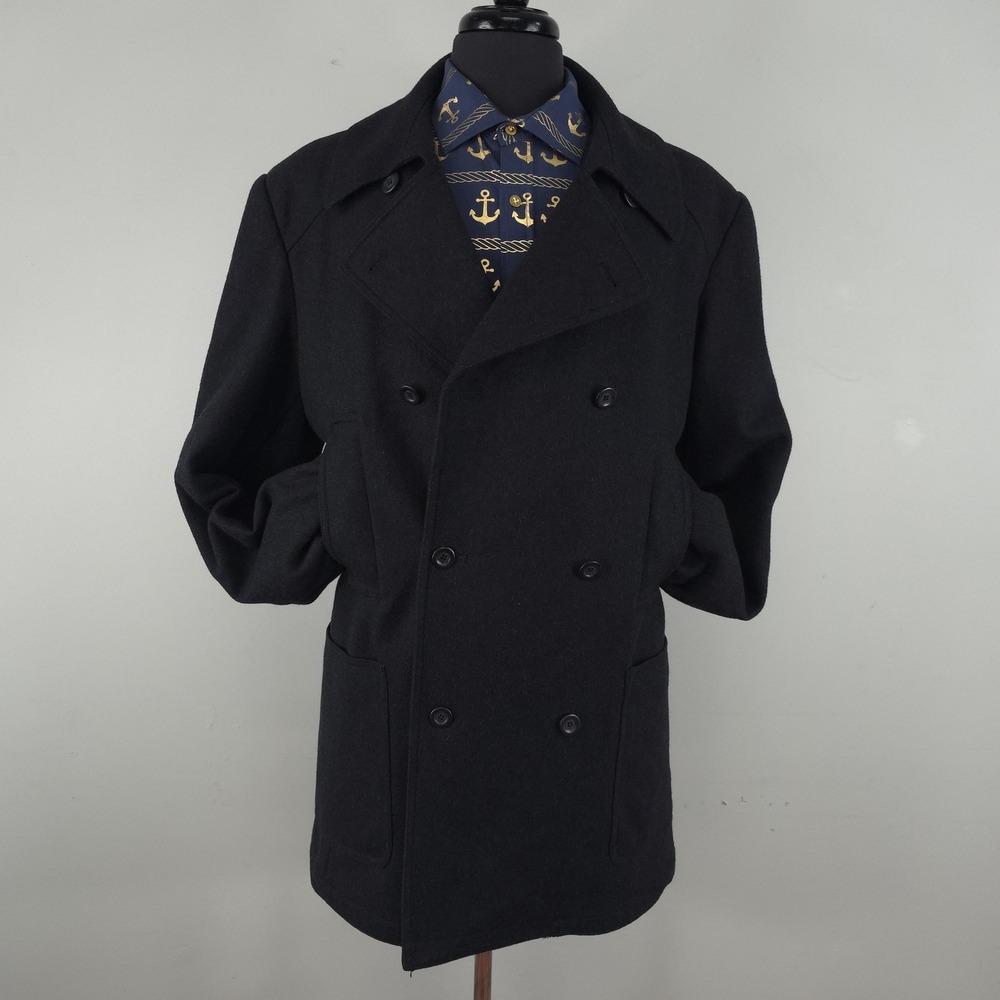Kenneth Cole Pea Coat Mens XL Black Wool Double Breasted Quilted Lined Winter